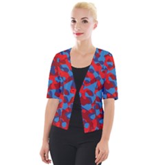 Red And Blue Camouflage Pattern Cropped Button Cardigan by SpinnyChairDesigns