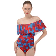 Red And Blue Camouflage Pattern Off Shoulder Velour Bodysuit  by SpinnyChairDesigns