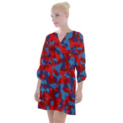 Red And Blue Camouflage Pattern Open Neck Shift Dress by SpinnyChairDesigns