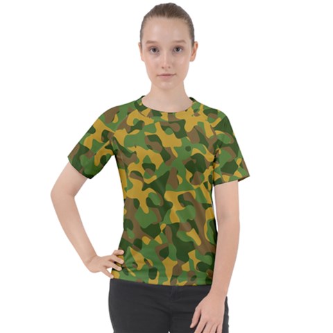 Yellow Green Brown Camouflage Women s Sport Raglan Tee by SpinnyChairDesigns