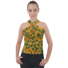 Green And Orange Camouflage Pattern Cross Neck Velour Top by SpinnyChairDesigns