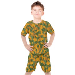 Green And Orange Camouflage Pattern Kids  Tee And Shorts Set by SpinnyChairDesigns