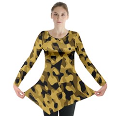 Black Yellow Brown Camouflage Pattern Long Sleeve Tunic  by SpinnyChairDesigns