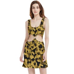 Black Yellow Brown Camouflage Pattern Velvet Cutout Dress by SpinnyChairDesigns