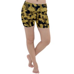 Black Yellow Brown Camouflage Pattern Lightweight Velour Yoga Shorts by SpinnyChairDesigns