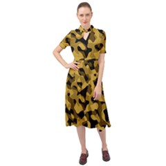 Black Yellow Brown Camouflage Pattern Keyhole Neckline Chiffon Dress by SpinnyChairDesigns