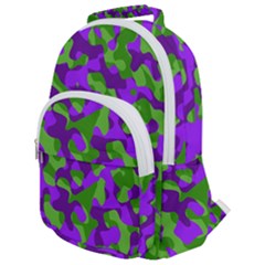 Purple And Green Camouflage Rounded Multi Pocket Backpack by SpinnyChairDesigns