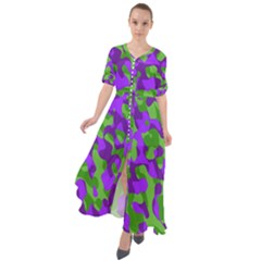 Purple And Green Camouflage Waist Tie Boho Maxi Dress by SpinnyChairDesigns