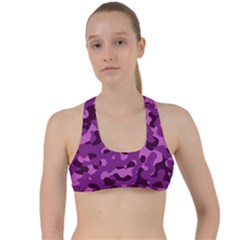 Dark Purple Camouflage Pattern Criss Cross Racerback Sports Bra by SpinnyChairDesigns