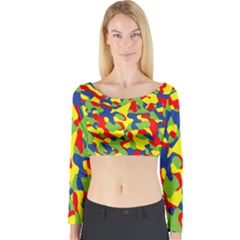 Colorful Rainbow Camouflage Pattern Long Sleeve Crop Top by SpinnyChairDesigns