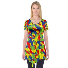 Colorful Rainbow Camouflage Pattern Short Sleeve Tunic  by SpinnyChairDesigns