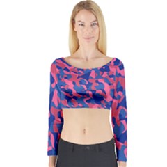 Blue And Pink Camouflage Pattern Long Sleeve Crop Top by SpinnyChairDesigns