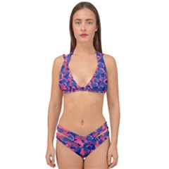 Blue And Pink Camouflage Pattern Double Strap Halter Bikini Set by SpinnyChairDesigns