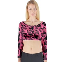 Black And Pink Camouflage Pattern Long Sleeve Crop Top by SpinnyChairDesigns