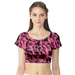 Black And Pink Camouflage Pattern Short Sleeve Crop Top by SpinnyChairDesigns