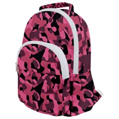 Black And Pink Camouflage Pattern Rounded Multi Pocket Backpack by SpinnyChairDesigns