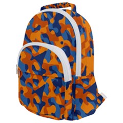 Blue And Orange Camouflage Pattern Rounded Multi Pocket Backpack by SpinnyChairDesigns