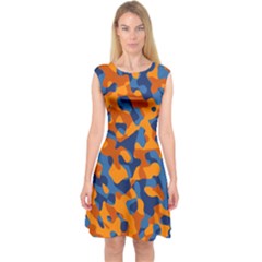 Blue And Orange Camouflage Pattern Capsleeve Midi Dress by SpinnyChairDesigns