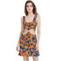 Blue and Orange Camouflage Pattern Velvet Cutout Dress View1