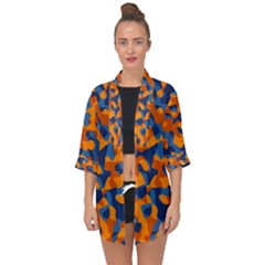 Blue And Orange Camouflage Pattern Open Front Chiffon Kimono by SpinnyChairDesigns