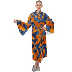 Blue And Orange Camouflage Pattern Maxi Velour Kimono by SpinnyChairDesigns