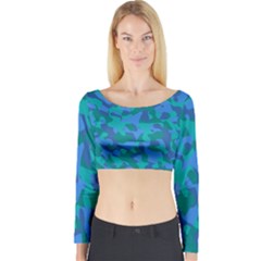 Blue Turquoise Teal Camouflage Pattern Long Sleeve Crop Top by SpinnyChairDesigns