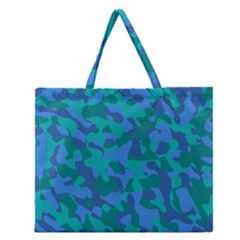 Blue Turquoise Teal Camouflage Pattern Zipper Large Tote Bag by SpinnyChairDesigns