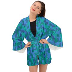 Blue Turquoise Teal Camouflage Pattern Long Sleeve Kimono by SpinnyChairDesigns