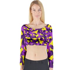 Purple And Yellow Camouflage Pattern Long Sleeve Crop Top by SpinnyChairDesigns