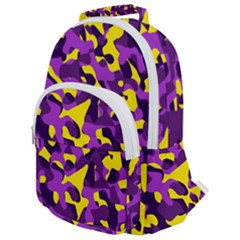 Purple And Yellow Camouflage Pattern Rounded Multi Pocket Backpack by SpinnyChairDesigns