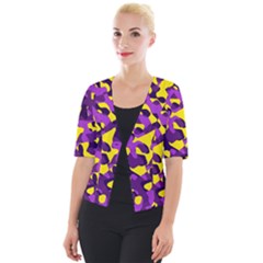 Purple And Yellow Camouflage Pattern Cropped Button Cardigan by SpinnyChairDesigns