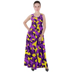 Purple And Yellow Camouflage Pattern Empire Waist Velour Maxi Dress by SpinnyChairDesigns