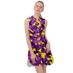 Purple And Yellow Camouflage Pattern Sleeveless Shirt Dress by SpinnyChairDesigns