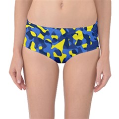 Blue And Yellow Camouflage Pattern Mid-waist Bikini Bottoms by SpinnyChairDesigns