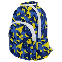 Blue And Yellow Camouflage Pattern Rounded Multi Pocket Backpack by SpinnyChairDesigns