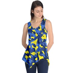 Blue And Yellow Camouflage Pattern Sleeveless Tunic by SpinnyChairDesigns