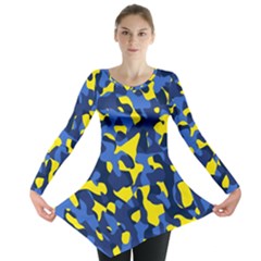 Blue And Yellow Camouflage Pattern Long Sleeve Tunic  by SpinnyChairDesigns