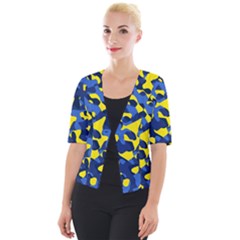 Blue And Yellow Camouflage Pattern Cropped Button Cardigan by SpinnyChairDesigns