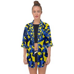 Blue And Yellow Camouflage Pattern Open Front Chiffon Kimono by SpinnyChairDesigns