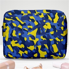 Blue And Yellow Camouflage Pattern Make Up Pouch (large) by SpinnyChairDesigns