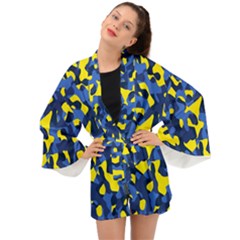 Blue And Yellow Camouflage Pattern Long Sleeve Kimono by SpinnyChairDesigns