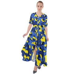 Blue And Yellow Camouflage Pattern Waist Tie Boho Maxi Dress by SpinnyChairDesigns