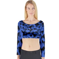 Black And Blue Camouflage Pattern Long Sleeve Crop Top by SpinnyChairDesigns