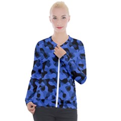 Black And Blue Camouflage Pattern Casual Zip Up Jacket by SpinnyChairDesigns