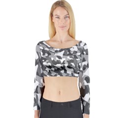 Grey And White Camouflage Pattern Long Sleeve Crop Top by SpinnyChairDesigns