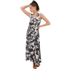 Grey And White Camouflage Pattern V-neck Chiffon Maxi Dress by SpinnyChairDesigns