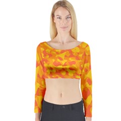 Orange And Yellow Camouflage Pattern Long Sleeve Crop Top by SpinnyChairDesigns