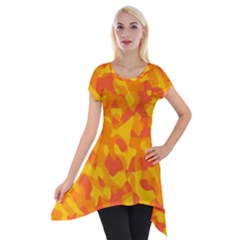 Orange And Yellow Camouflage Pattern Short Sleeve Side Drop Tunic by SpinnyChairDesigns