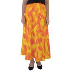 Orange And Yellow Camouflage Pattern Flared Maxi Skirt by SpinnyChairDesigns