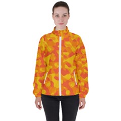 Orange And Yellow Camouflage Pattern Women s High Neck Windbreaker by SpinnyChairDesigns